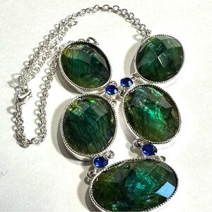 Vivid Green Blue Bib Necklace Abalone Inlay Large Faceted Oval Beads